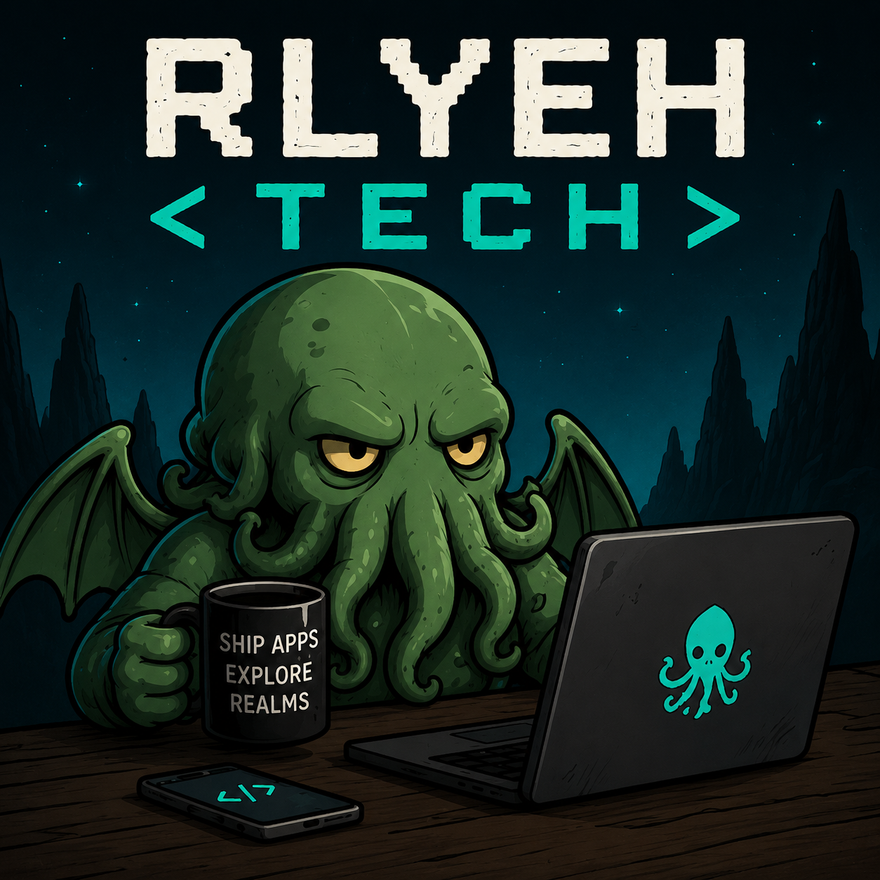 R'lyeh Tech — a Cthulhu hunched over a laptop with a 'ship apps, explore realms' coffee mug