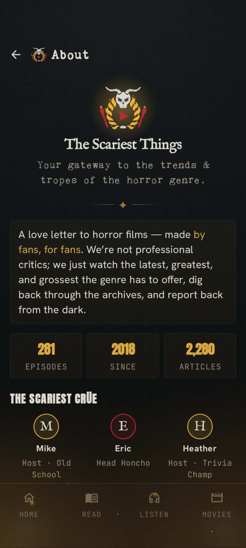 The Scariest App — about screen with stats and the Scariest Crüe