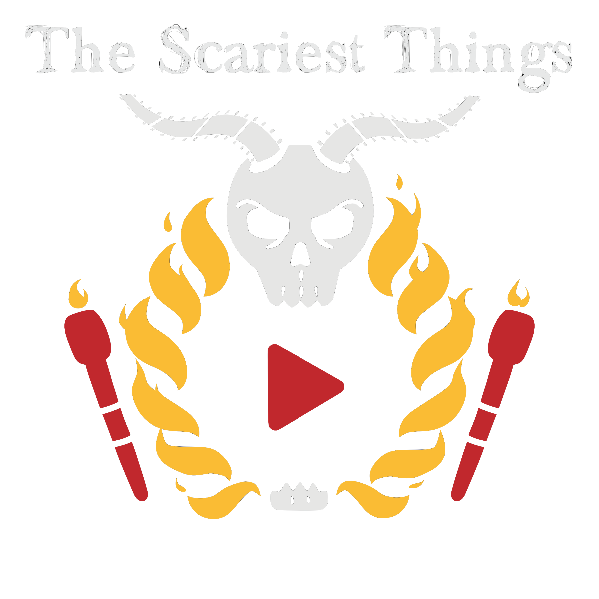 The Scariest App logo — a horned skull with a film-strip crown over a flame laurel and a play button