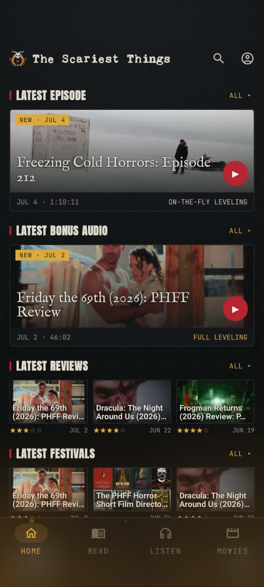 The Scariest App — home screen showing latest episode, bonus audio, reviews and festivals