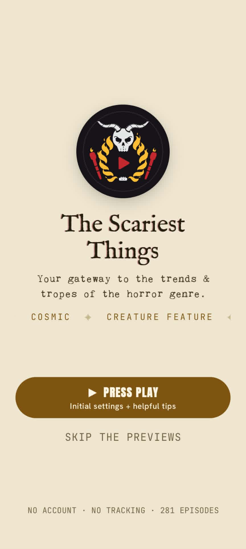 The Scariest App — onboarding screen with the logo and a Press Play button