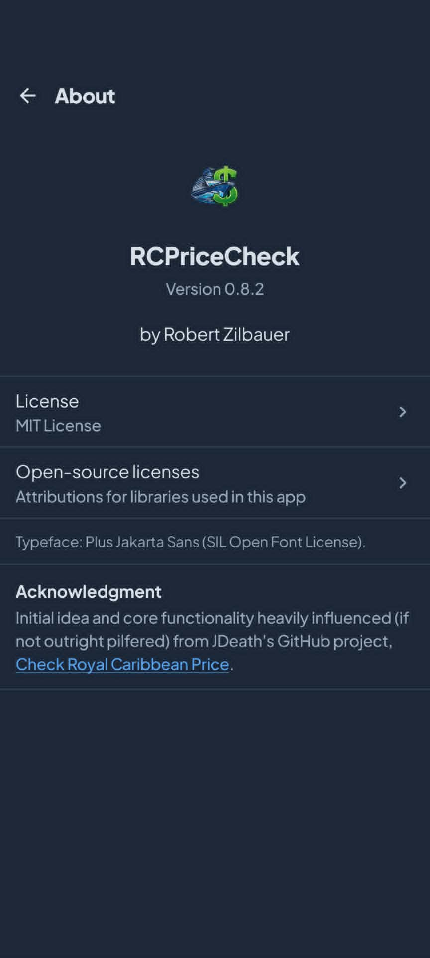 RC Price Check — About screen