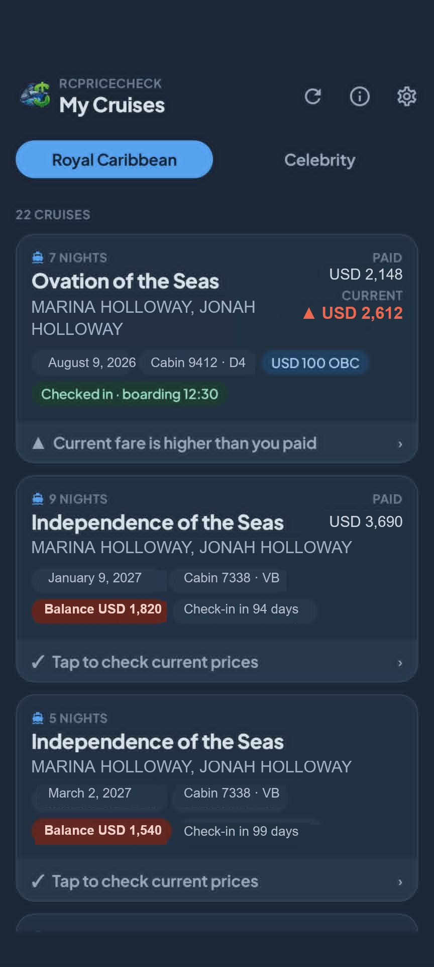 RC Price Check — My Cruises dashboard