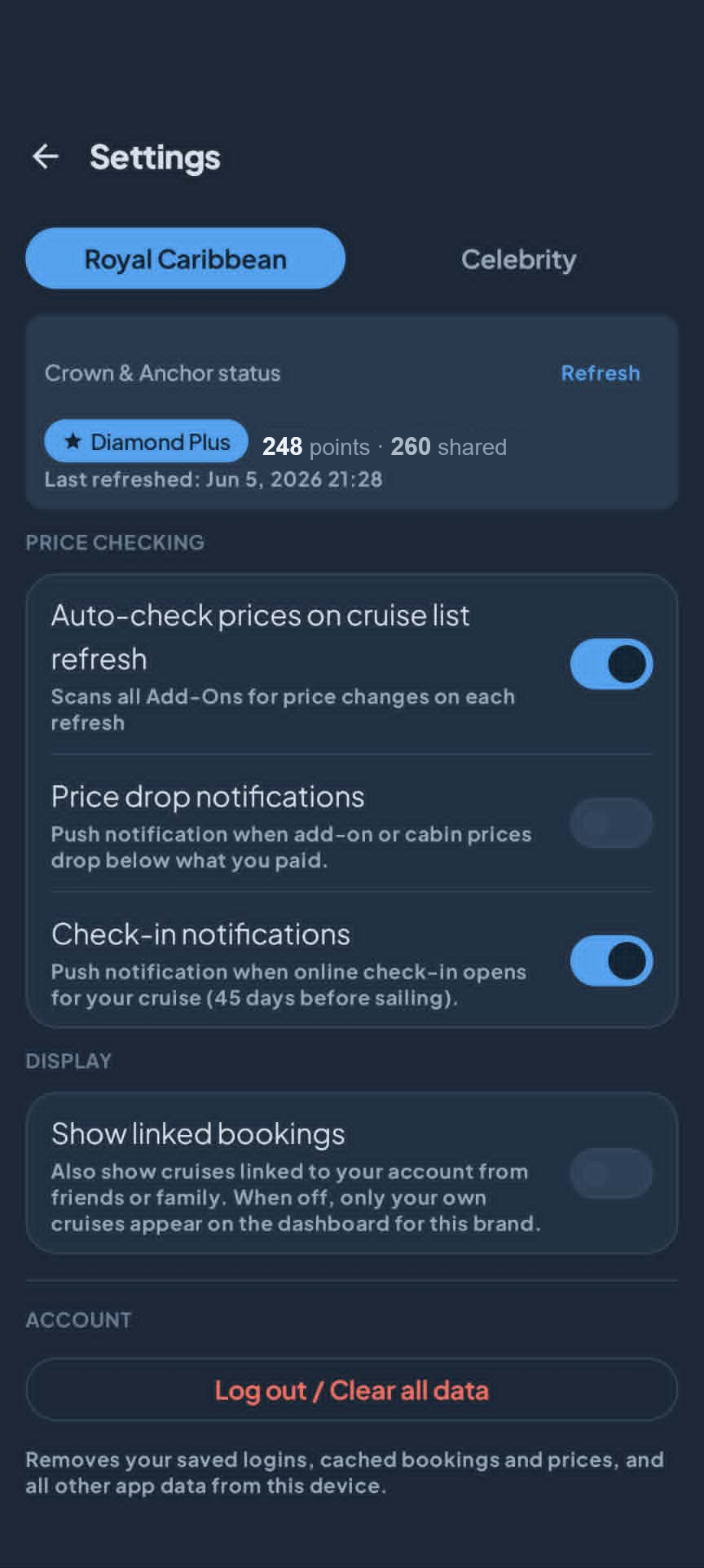 RC Price Check — Settings screen