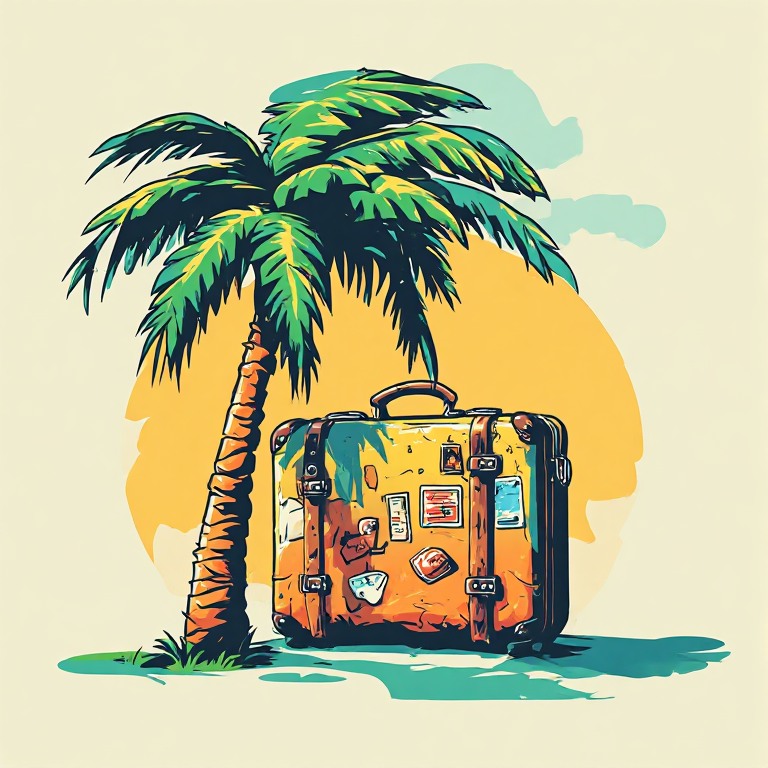 TravelBoop launcher icon — a palm tree leaning over a sticker-covered suitcase at sunset