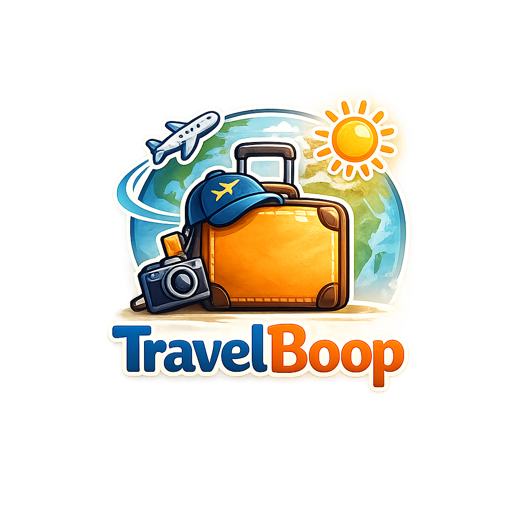 TravelBoop — a sticker-style logo of a suitcase, a globe, a camera, a sun and an aeroplane above the TravelBoop wordmark